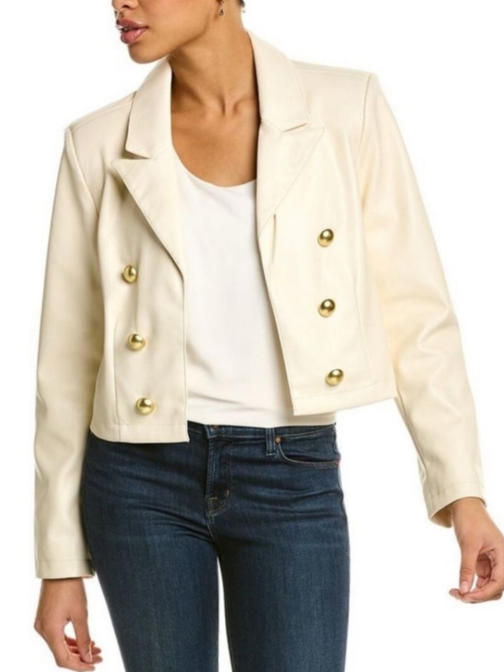 Bagatelle Faux Leather Cream Double-Breasted Cropped Jacket Size Large EUC